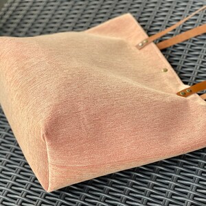 Pastel peach colored fabric bag, zippered pocket, leather handle image 6