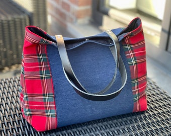 Jeans and tartan handbag to wear every day, original and feminine, vintage style, unique piece!