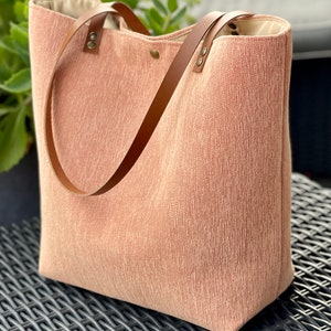 Pastel peach colored fabric bag, zippered pocket, leather handle image 3