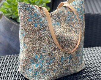 Tote bag in beige and blue fabrics, solid, practical, multiple pockets!