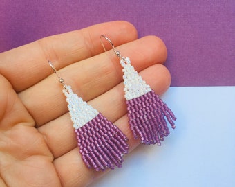 Seed Bead Fringe earrings | Handmade statement earrings drop dangle earrings mothers day gift for her in lilac lustre