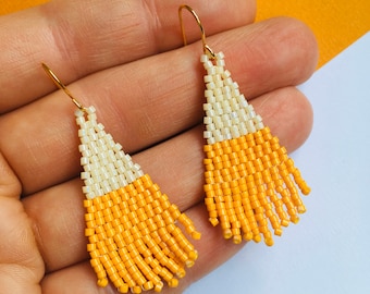 Beaded fringe earrings, Handmade Boho, Bohemian, Yellow and Orange, seed bead jewellery, dangle earring