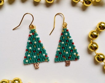Festive Christmas Tree earrings with red and gold baubles, handmade with miyuki delica seed beads.