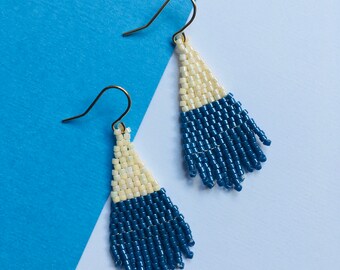 Seed Bead Fringe earrings | Handmade statement earrings drop dangle earrings mothers day gift for her in blue