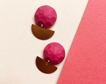 Polymer Clay gem stud earrings with a raw brass semi circle dangle | Handmade statement earrings. polymer clay earring.