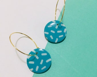 Medium Retro Hoop Earrings | Handmade statement earrings polymer clay earrings dangle earrings. Turquoise blue earrings