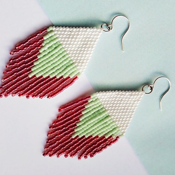 Seed Bead Fringe earrings | Handmade statement earrings red green pop earrings dangle earrings mothers day gift for her ohrringe boho