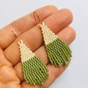 Seed Bead Fringe earrings Handmade statement earrings drop dangle earrings mothers day gift for her green ohrringe boho image 3