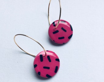 Medium Retro Hoop Earrings | Handmade statement earrings polymer clay earrings dangle earrings. Hot pink earrings