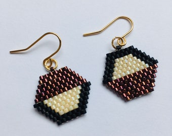 Seed Bead earrings | Handmade earrings raspberry black yin yang mothers day gift for her dangle earrings asymmetric hexagonal ohrringe boho