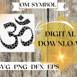 Puede incluir: Descarga digital de un símbolo Om hecho de círculos negros sobre un fondo transparente. El texto "OM SYMBOL" está encima del símbolo y el texto "DIGITAL DOWNLOAD" está a la derecha del símbolo. El texto "SVG PNG DFX EPS" está debajo del símbolo.