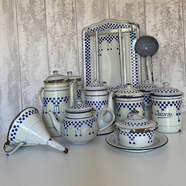 Antique Blue Enamel Damier Lustucru France / Countryside / Kitchen Decor Matching Set / Kettle Coffee Maker Spice Jars Teapot Utensils Set