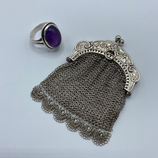 Superb coin purse / purse in silver chain mail, handmade at the beginning of the 19th century