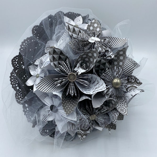 Unique handmade bridal bouquet in France made of paper and sewing accessories