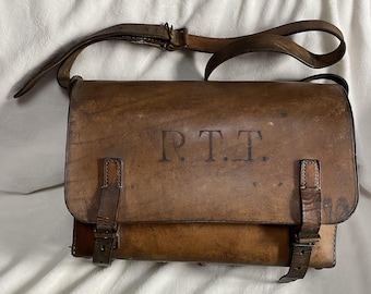 Skórzana torba listonosza francuskiego z lat 50. XX wieku – torba kurierska La Poste PTT