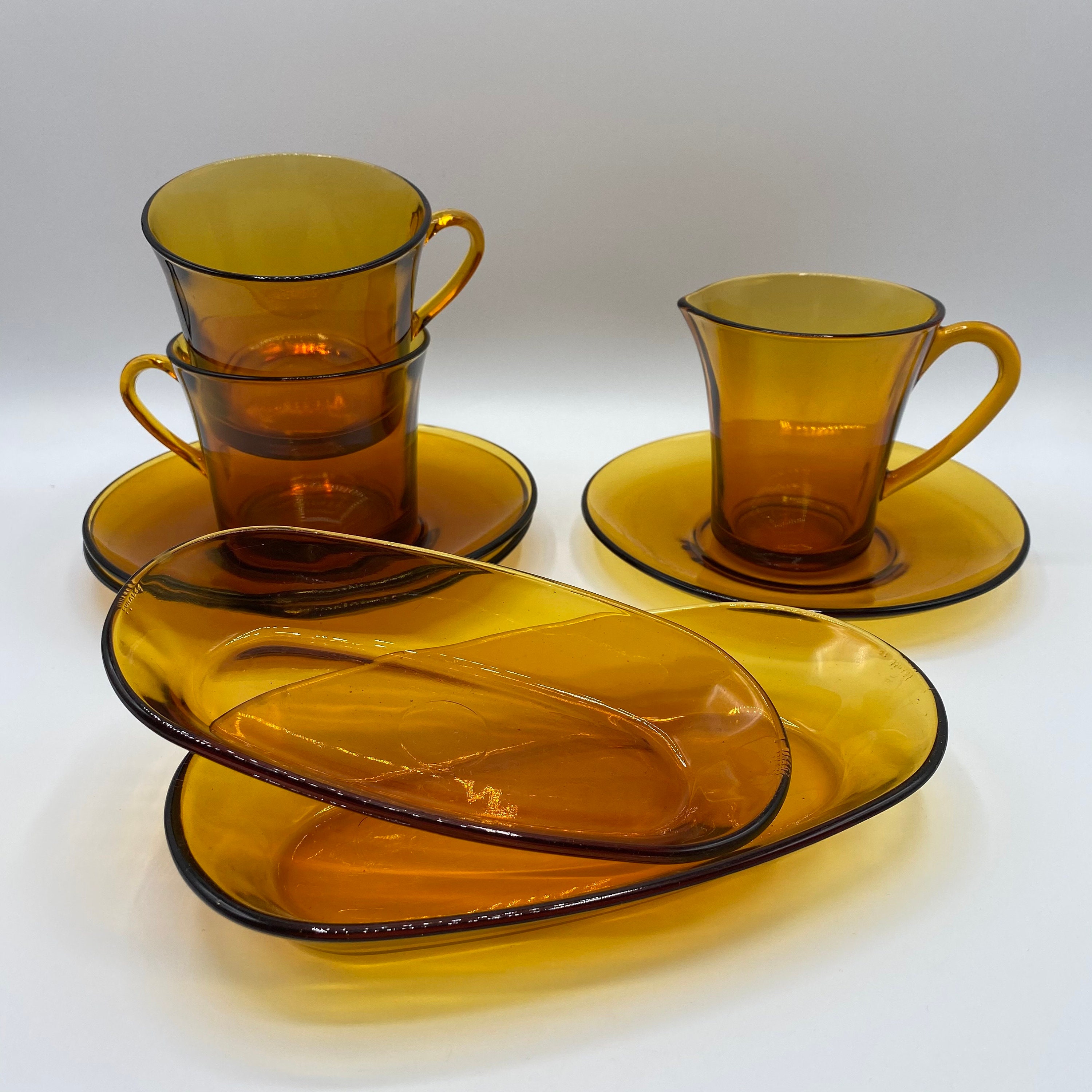 France 1960S Petit Déjeuner Set en Verre Duralex/De 8 /2 Grandes Tasses 1 Cruche 2 Plats 3 Soucoupes