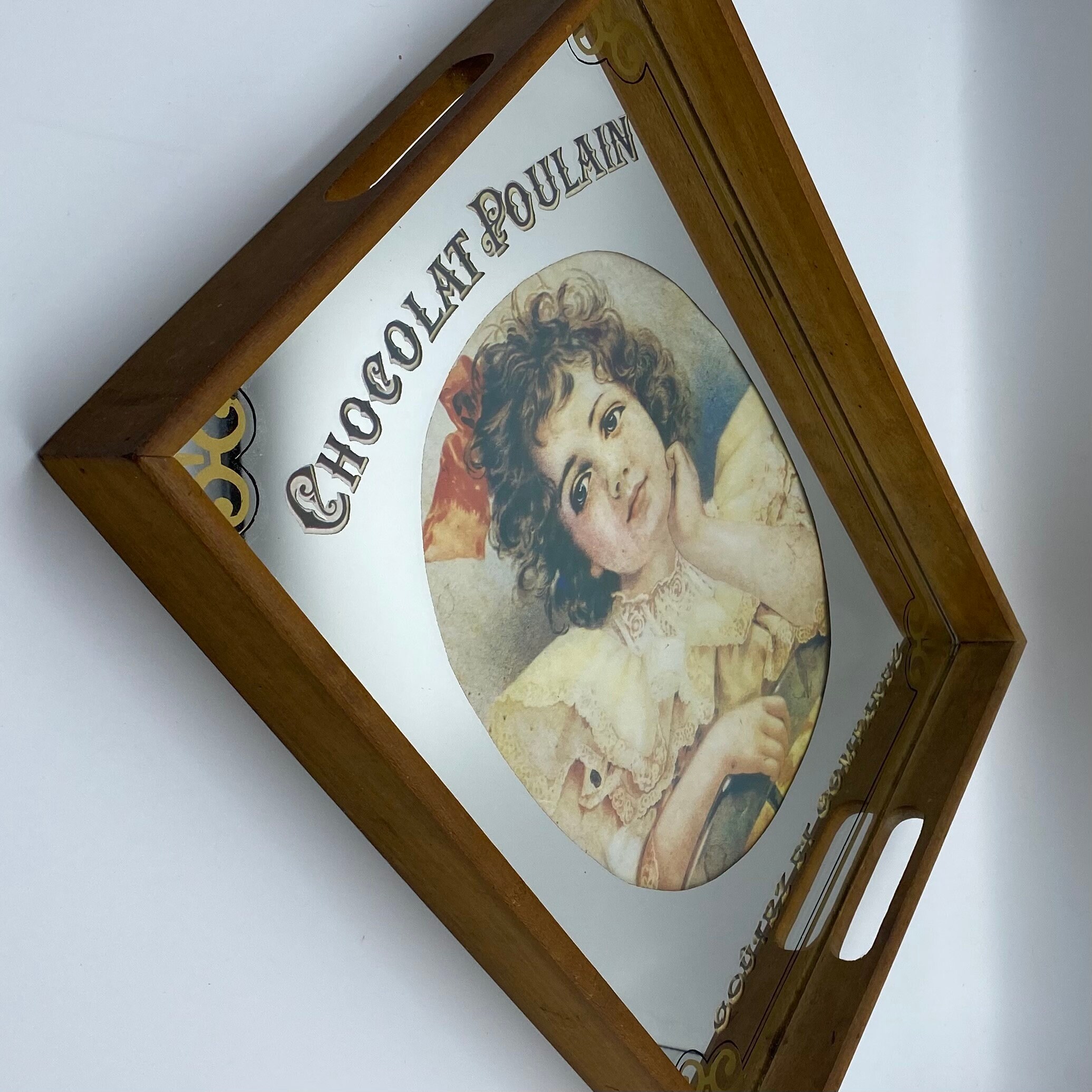 Plateau Publicitaire en Bois Français Ancien/Miroir Chocolat Poulain France