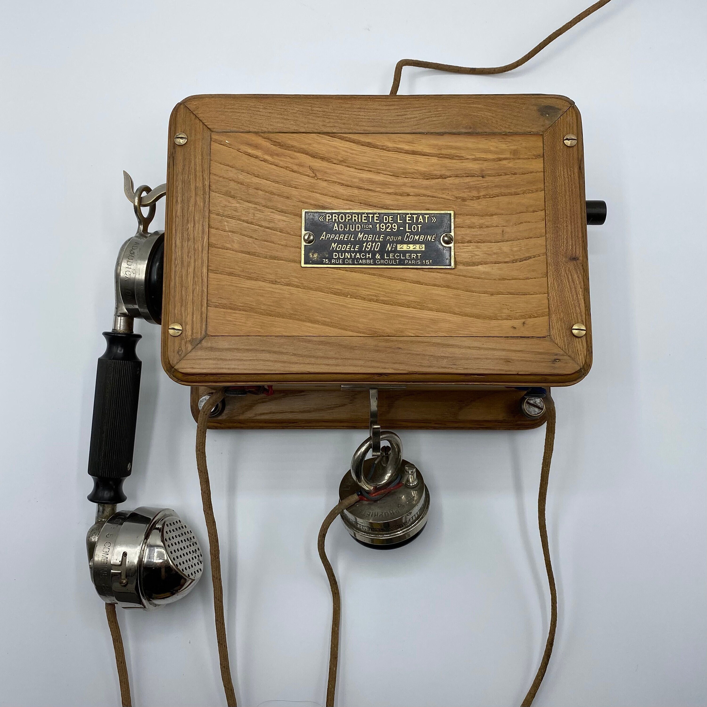 Superbe Téléphone Mural Français Ancien Dunyach & Leclert de 1929/Modèle 1910 Paris France