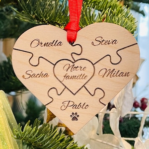 Personalized Wooden Christmas Tree Ornament with Engraving 2-8 Names - Heart Shaped Puzzle Piece