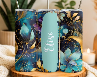 Personalized insulated tumbler – Name of your choice – Blue floral tumbler – Gift for women, bachelorette parties, teachers – 590 ml