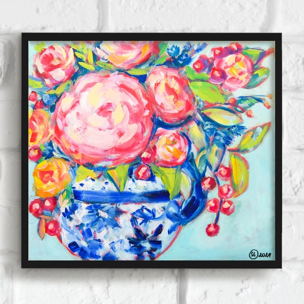 Peony Wall Art Unique House Warming Gift 3D Floral Botanical for Bright Home Peonies Blue Ginger Jar Original Oil Painting for Preppy Decor