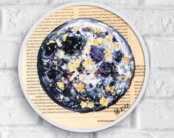 Full Gold Moon Night Sky Wall Art Small 6x6 Round Oil Painting, Mini Circle Decor, Moon Art Newspaper Wall Art Cottagecore Decor Bookshelf