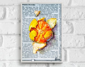 Tangerine Painting Mandarin Original Oil Art 4 By 6 Newspaper Art Food Impasto Fruit Still Life Small Wall Art Citrus