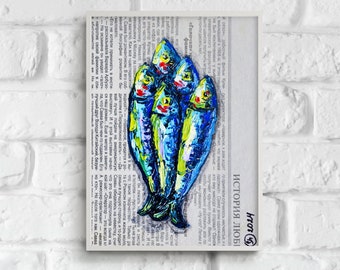 Sardine Art Fish Painting Oil Painting, House Warming Gift Kitchen Wall Decor, French Country Newspaper Wall Art Food Still Life Anchovy Art
