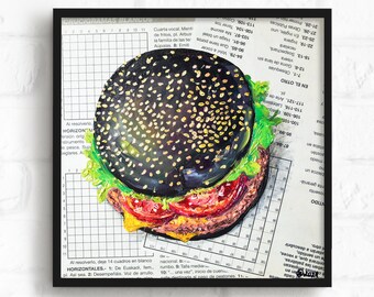 Good Burger Kitchen Wall Art 3D Textured Original Oil Painting for New Home Gift Modern Ukrainian 3D for Boyfriend Gift Funny Food Newspaper