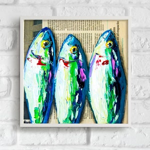 Sardine Art: Original Oil Painting on Newspaper (8x8)