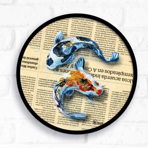 Japanese Koi Fish Original Oil Painting Nautical Decor Vintage Chinoiserie Goldfish Wall Art Asian Aesthetic Fish Newspaper Gift for Friend