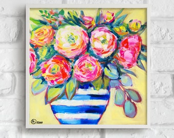 Abstract Flowers Still Life Whimsical Blue Ginger Jar Oil Painting, Bold Floral Textured, Matisse Cut Art, Farmhouse Decor Bright in Vase