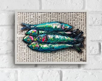 Sardine Still Life Oil Painting on Vintage Newspaper: French Kitchen Art (5x7)