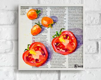 Tomato Art Still Life Food Miniature Oil Painting, Vintage Kitchen Art, Ukrainian Art, Tomato on Newspaper Cottagecore Decor Gift for Mom