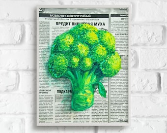 Broccoli Plant Food Still Life Newspaper Art House Warming Gift Original Oil Painting Kitchen Decor Wall Hanging, Vegan Organic Vegetable 3D