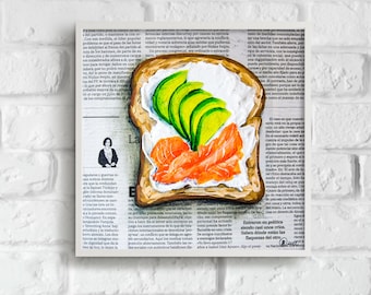 Toast Painting Food Original Oil Art 8 by 8 Newspaper Painting Bread Fish Art Breakfast Still Life Cream Cheese Artwork