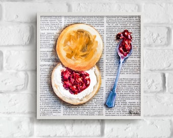 Bagel & Jam Oil Painting on Newspaper: 8x8 Still Life Art