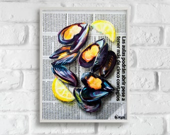 Mussels French Coastal Decor Shell, Oyster Oil Painting Food Painting Oysters Still Life Art Hand-painted Kitchen Vintage Newspaper Wall Art
