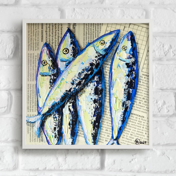 Sardines Painting French Country Original Oil Art Kitchen Decor Newspaper Art 3D Sardine Retro Food Fish Still Life Impasto New House Gift