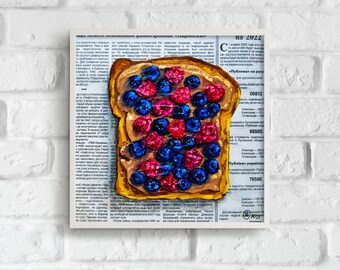 Bluberry Painting Bread Original Oil Art 8 by 8 Peanut Butter Art Newspaper Painting Food Toast Artwork Breakfast Impasto Mothers Day Gift