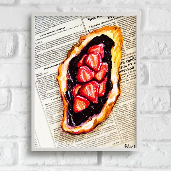Croissant Painting Strawberry Oil Painting Original on Newspaper Wall Art Food Still Life Impasto Art Dining Room Dessert Mothers Day Gift