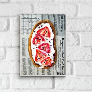 Strawberry Toast Oil Painting: Small Food Still Life Art (5x7)