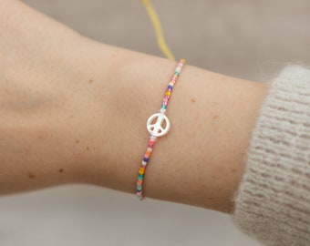 Colorful beaded bracelet "Peace Please" | Miyuki Delica glass beads | Cotton bracelet | adjustable macrame knot
