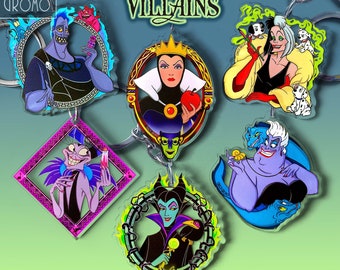 VILLANOS DISNEY - Reina Malvada, Úrsula, Cruella de Vil, Maléfica y Hades - Llavero  (6cm), accesorio Villainos