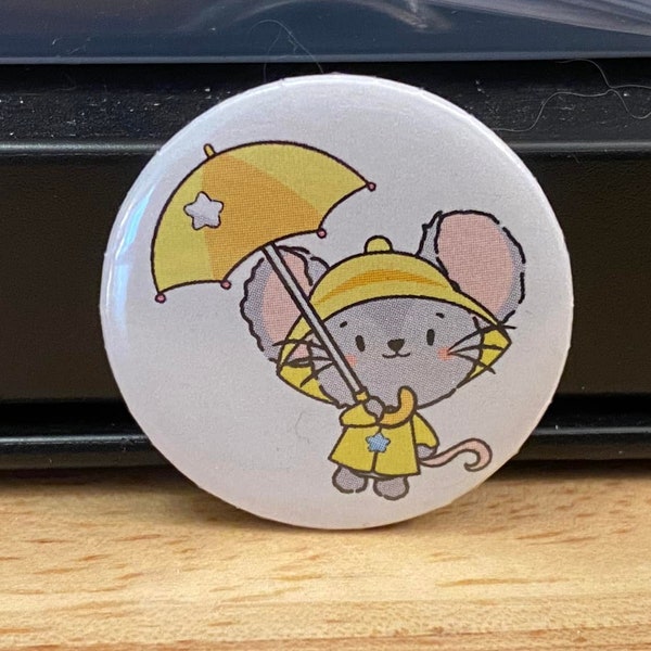 Mouse in Yellow Rain Coat 2.25" Button Pins or 1.25" Button options, Back Pack Decoration, Mouse Button, Mouse pin back, cute mouse