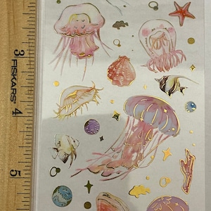 PET Foil Clear Tape with Pink Ocean Stuff, PET Washi Tape Ocean Fish, Pretty Sea Squids Clear Tape, Clear Decorative Tape