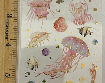 PET Foil Clear Tape with Pink Ocean Stuff, PET Washi Tape Ocean Fish, Pretty Sea Squids Clear Tape, Clear Decorative Tape