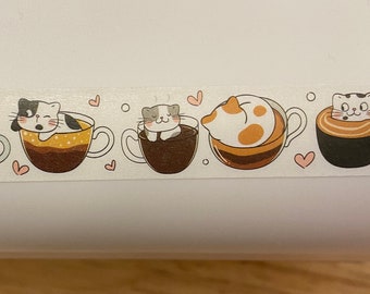 Brown Tea Cup Cats Washi Tape Big Roll, Cats with Tea Cup Washi Tape roll, Sample Washi Tape, Brown Tea Cup Cats Design Tape