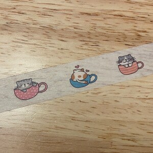 Big Roll of Wide Tea Cup Kitten Washi Tape, Cute TeaCup Cats Washi Tape roll, Adhesive Masking Tapes, Cats in Cups Washi Tape