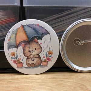 Brown Tabby Cat with Umbrella 2.25&quot; Button Pins or 1.25&quot; Button options, Back Pack Decoration, Cat Pin, Cat designed pinback